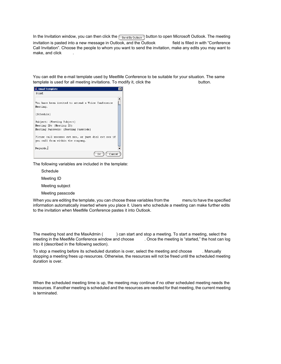 Modifying the e-mail template, Starting and stopping a meeting, Continuing a meeting beyond its duration time | AltiGen MAXCS 7.0 Update 1 ACM Administration User Manual | Page 305 / 446