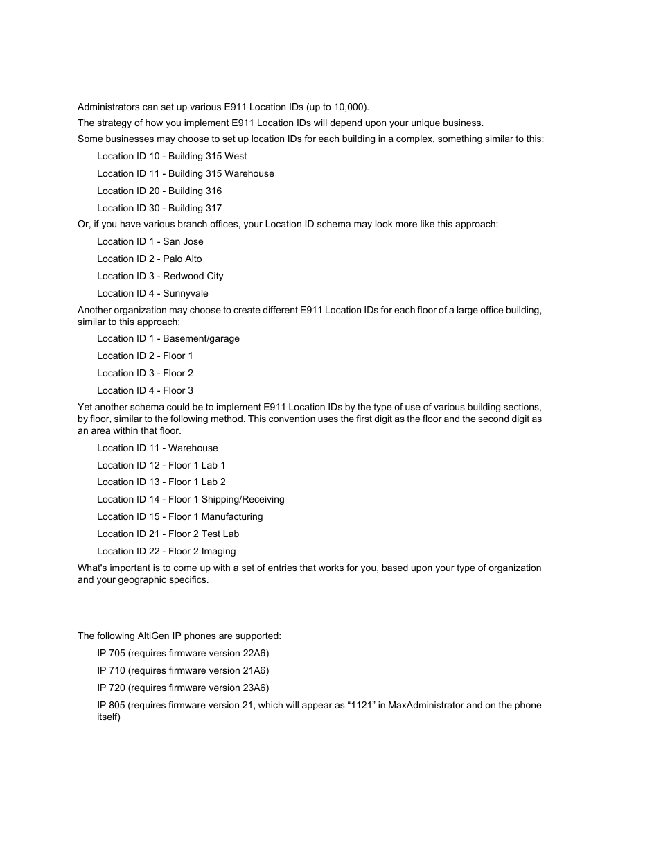 Designing e911 location ids for your organization, Altigen ip phones supporting e911 location ids | AltiGen MAXCS 7.0 Update 1 ACM Administration User Manual | Page 308 / 446