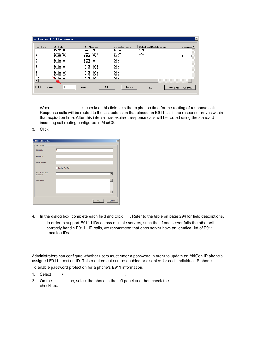 Requiring a password to change e911 location id | AltiGen MAXCS 7.0 Update 1 ACM Administration User Manual | Page 311 / 446