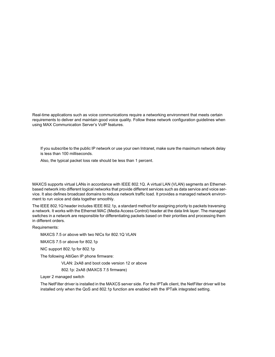 Network configuration guidelines for voip, Isp/intranet quality of service (qos), Virtual lans | Hapter, Isp/intranet quality of service (qos) virtual lans | AltiGen MAXCS 7.0 Update 1 ACM Administration User Manual | Page 315 / 446