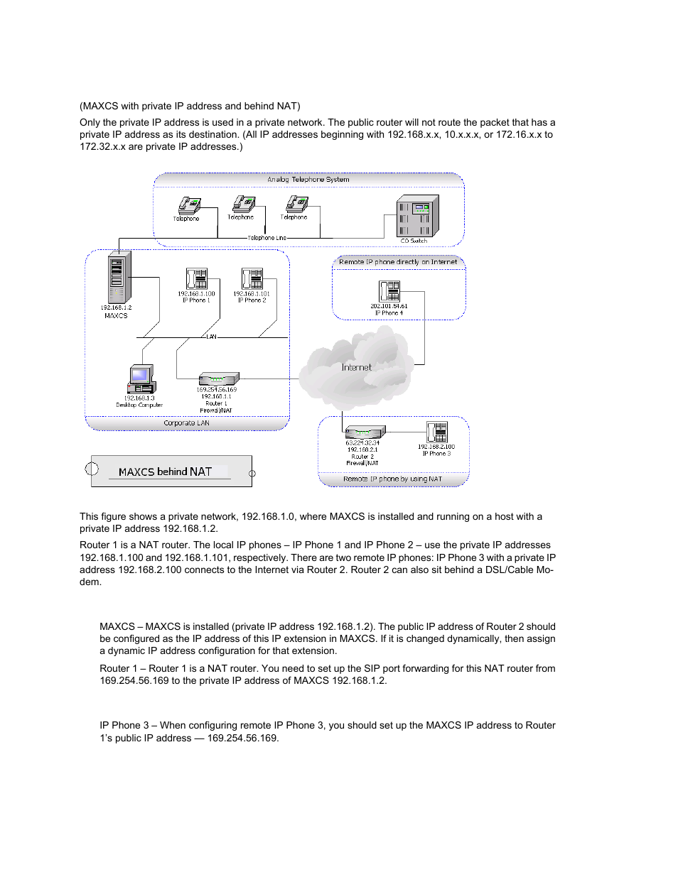 Private network configuration example, Example setup: corporate lan, Example setup: remote ip phone using nat | AltiGen MAXCS 7.0 Update 1 ACM Administration User Manual | Page 320 / 446