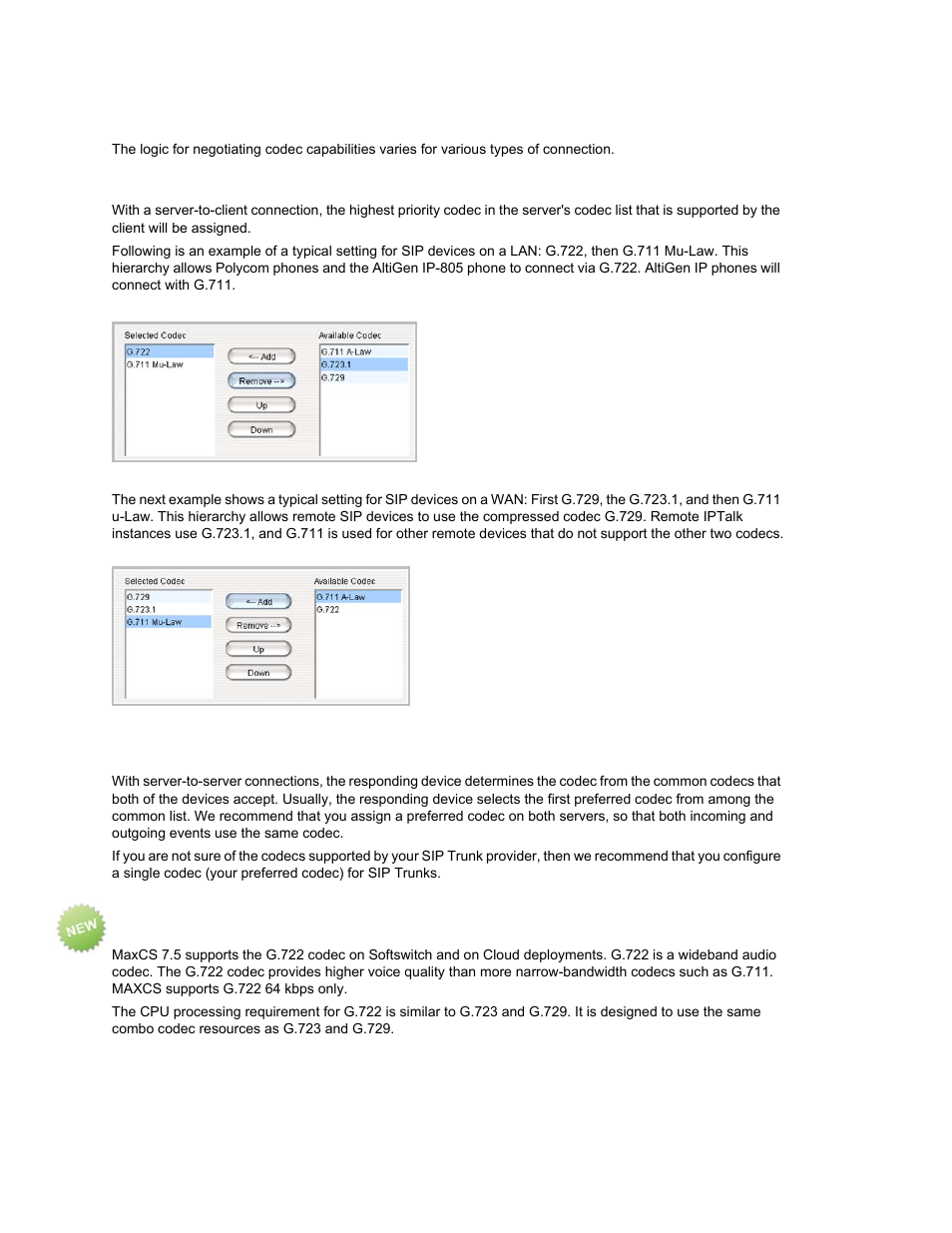 Codec negotiation, Codec negotiation - server to client, Codec negotiation - server to server | About the g.722 codec | AltiGen MAXCS 7.0 Update 1 ACM Administration User Manual | Page 332 / 446