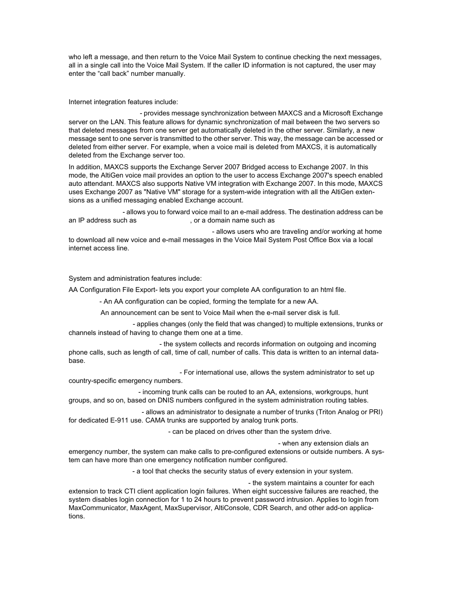 System and administration features, Internet integration features | AltiGen MAXCS 7.0 Update 1 ACM Administration User Manual | Page 36 / 446