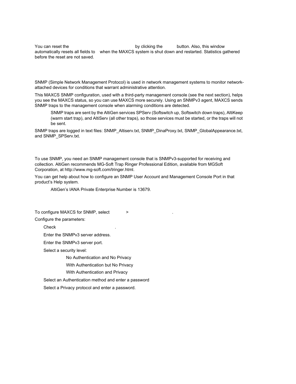 Resetting cumulative statistics, Using snmp, Snmp management console | Configuring maxcs for snmp, Snmp management console configuring maxcs for snmp | AltiGen MAXCS 7.0 Update 1 ACM Administration User Manual | Page 361 / 446