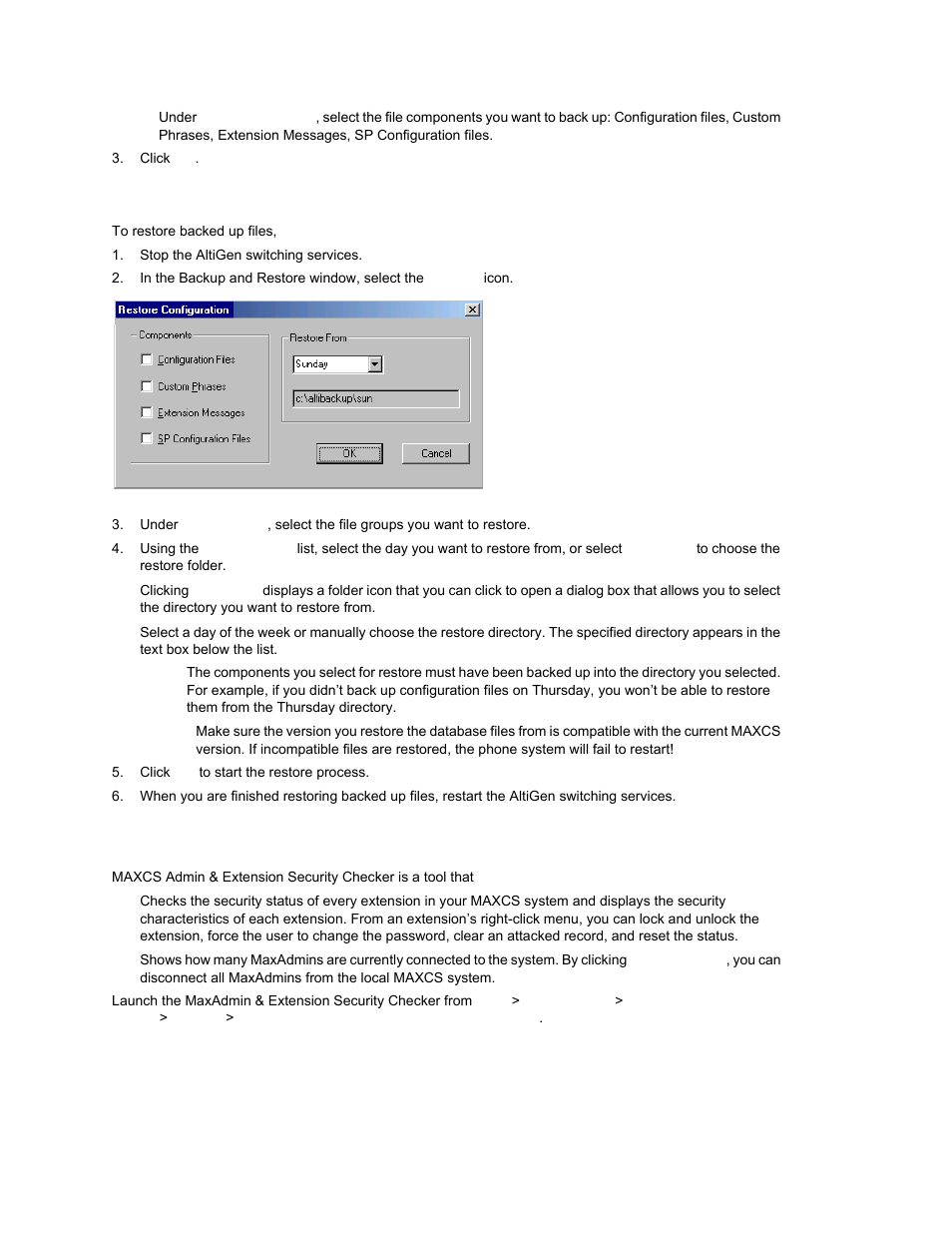 Restoring backed up files, Maxcs admin & extension security checker | AltiGen MAXCS 7.0 Update 1 ACM Administration User Manual | Page 394 / 446