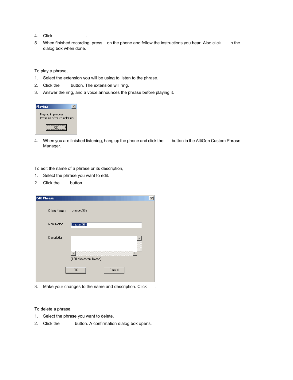 Playing a phrase, Editing a phrase name or description, Deleting phrases | AltiGen MAXCS 7.0 Update 1 ACM Administration User Manual | Page 409 / 446