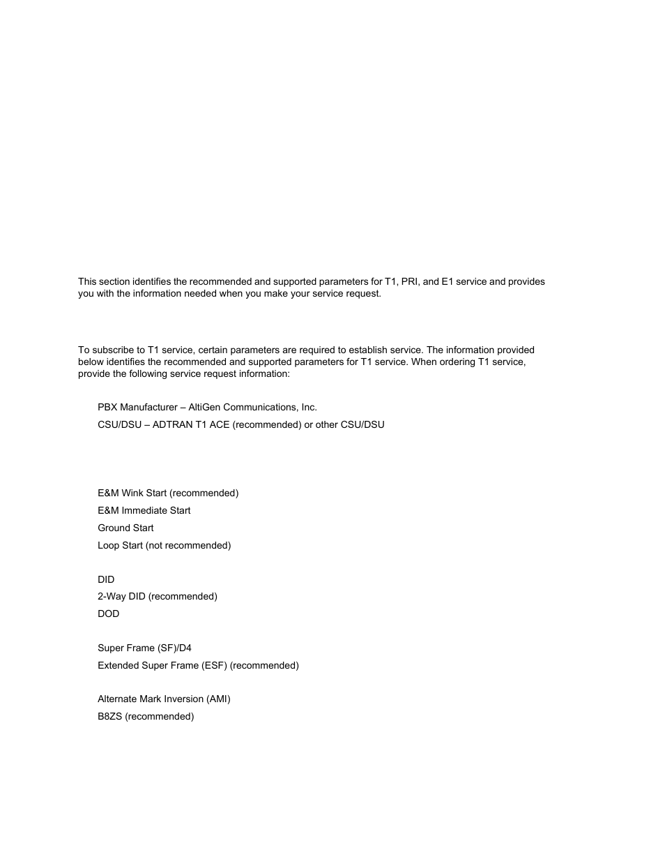 Required service parameters, Service parameters/request information for t1, Technical information for t1 with voice | Ppendix | AltiGen MAXCS 7.0 Update 1 ACM Administration User Manual | Page 427 / 446