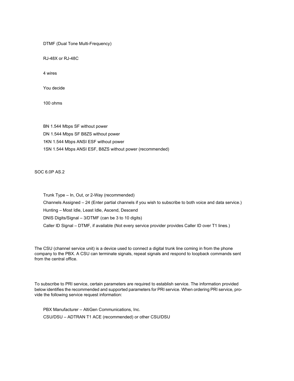 Type of registered services provided, Service order code, T1 channel assignment | Csu/dsu requirements, Service parameters/request information for pri | AltiGen MAXCS 7.0 Update 1 ACM Administration User Manual | Page 428 / 446