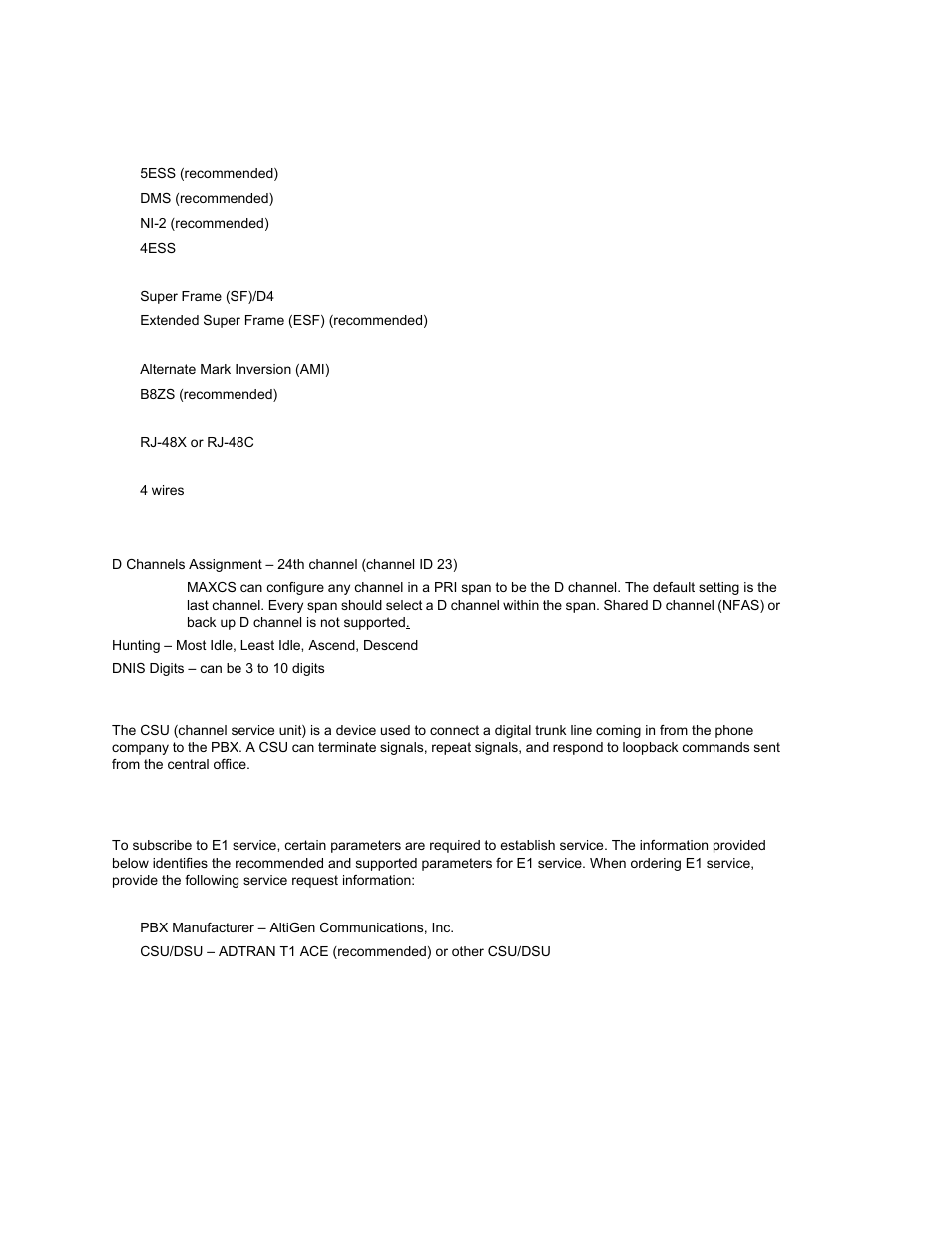 Technical information for pri with voice, Pri channel assignment, Csu/dsu requirements | Service parameters/request information for e1 | AltiGen MAXCS 7.0 Update 1 ACM Administration User Manual | Page 429 / 446