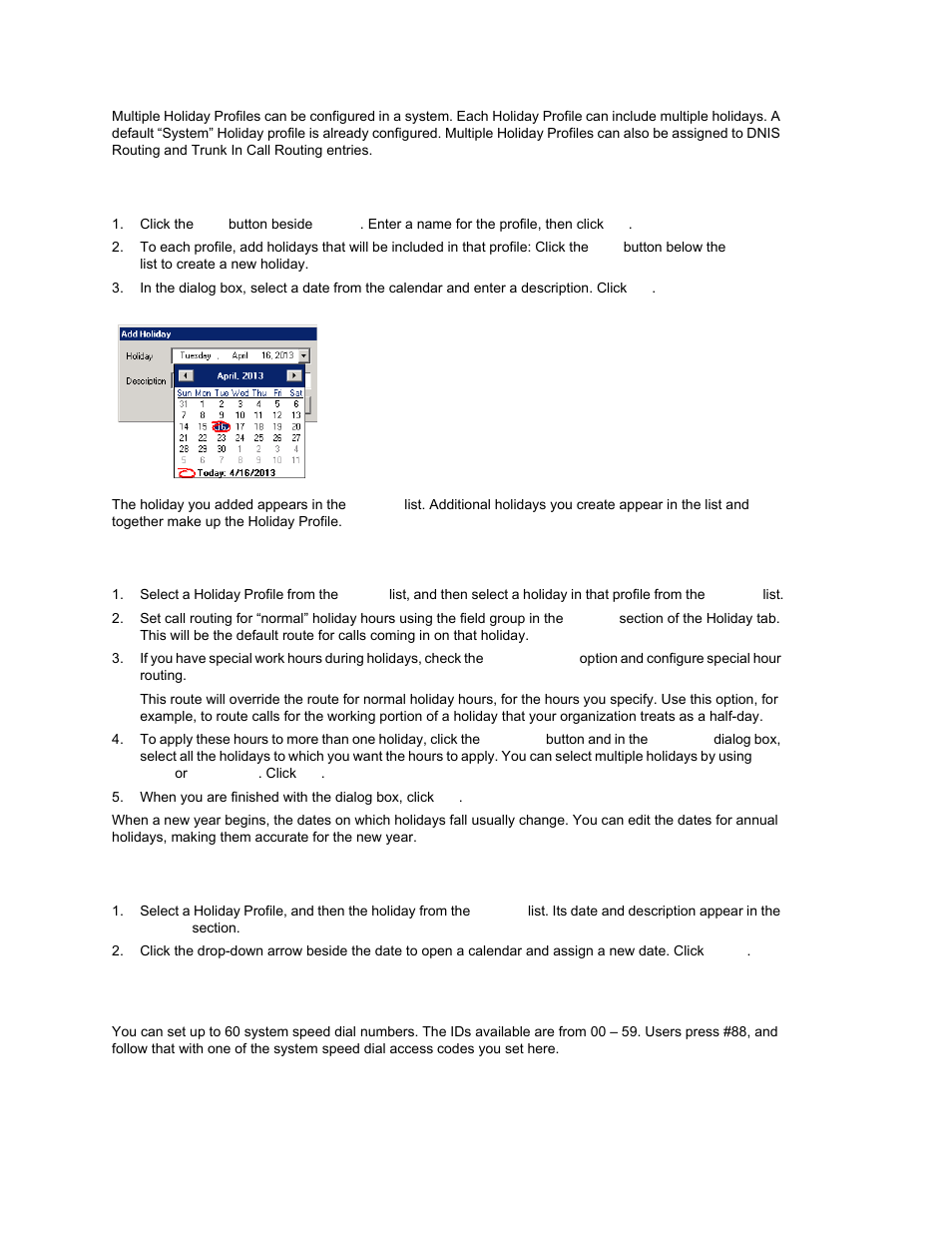 Creating a holiday profile, Setting call routing, Updating the dates of annual holidays | Configuring system speed dialing | AltiGen MAXCS 7.0 Update 1 ACM Administration User Manual | Page 70 / 446