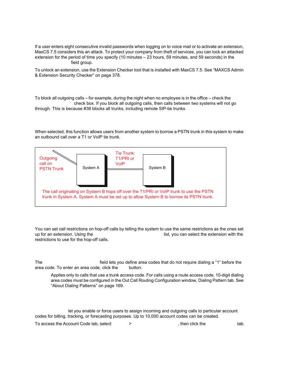 Locking attacked extensions, Blocking all outgoing calls, Enabling hop off for tie trunks | Restricting tie trunk calls, Setting 10-digit dialing area codes, Creating account codes | AltiGen MAXCS 7.0 Update 1 ACM Administration User Manual | Page 73 / 446