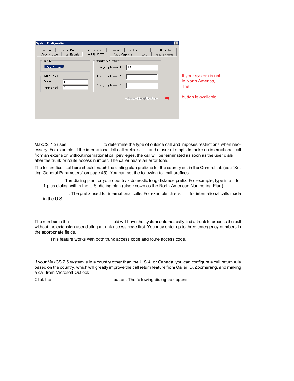 Setting toll call prefixes, Setting emergency numbers, Dialing plan rules for non-north american country | AltiGen MAXCS 7.0 Update 1 ACM Administration User Manual | Page 77 / 446