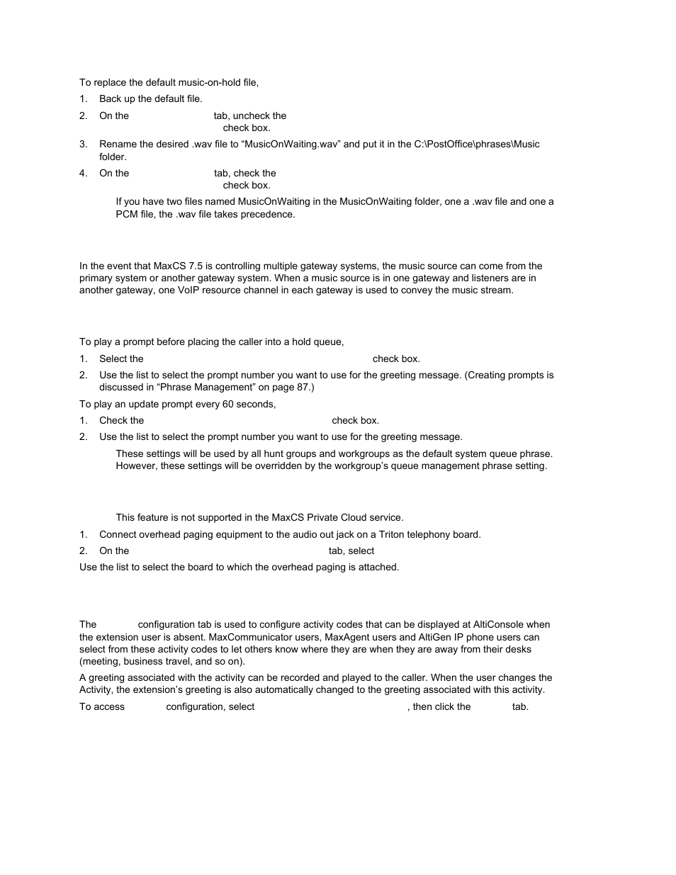 Rtp resource usage, Setting greeting and update prompts, Configuring overhead paging | Activity | AltiGen MAXCS 7.0 Update 1 ACM Administration User Manual | Page 80 / 446