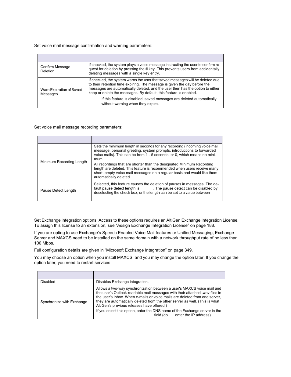 Setting message management options, Setting message recording options, Setting exchange integration options | AltiGen MAXCS 7.0 Update 1 ACM Administration User Manual | Page 93 / 446