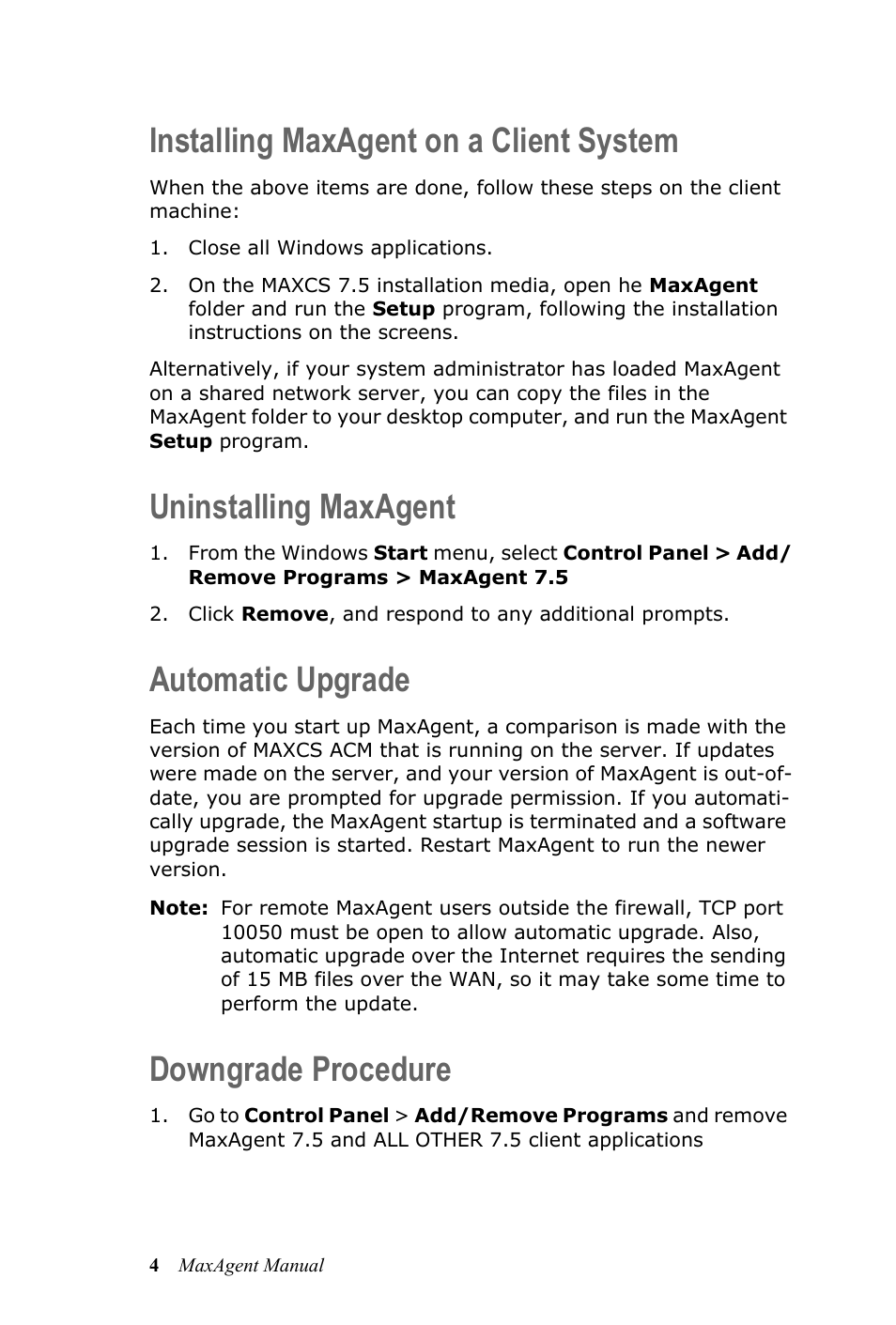 Installing maxagent on a client system, Uninstalling maxagent, Automatic upgrade | Downgrade procedure | AltiGen MAXCS 7.5 MaxAgent User Manual | Page 10 / 95