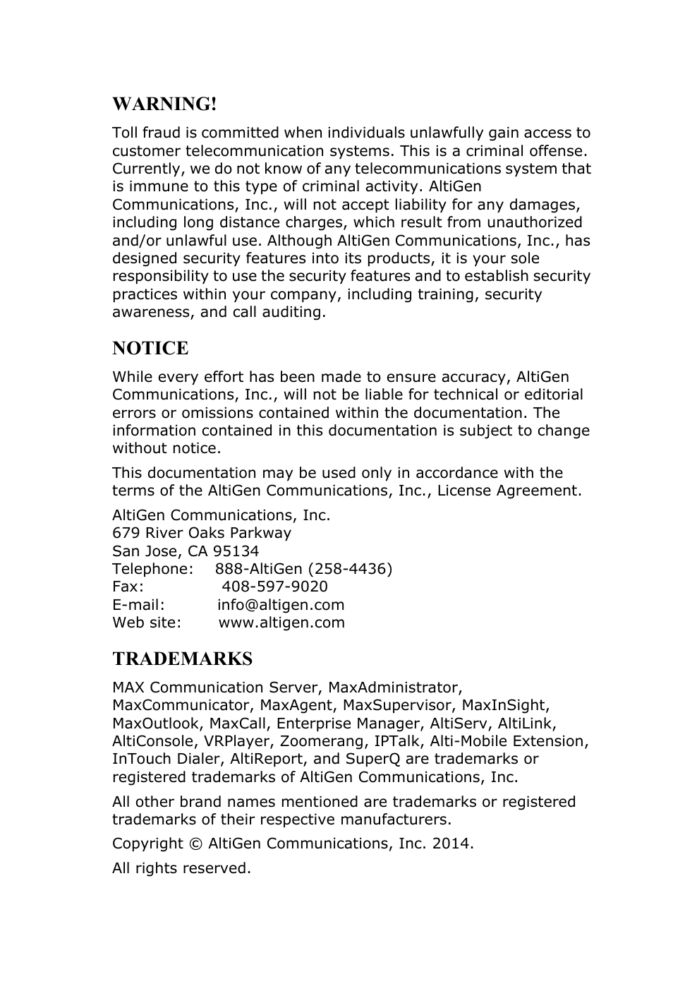 Warning, Notice, Trademarks | AltiGen MAXCS 7.5 MaxAgent User Manual | Page 2 / 95