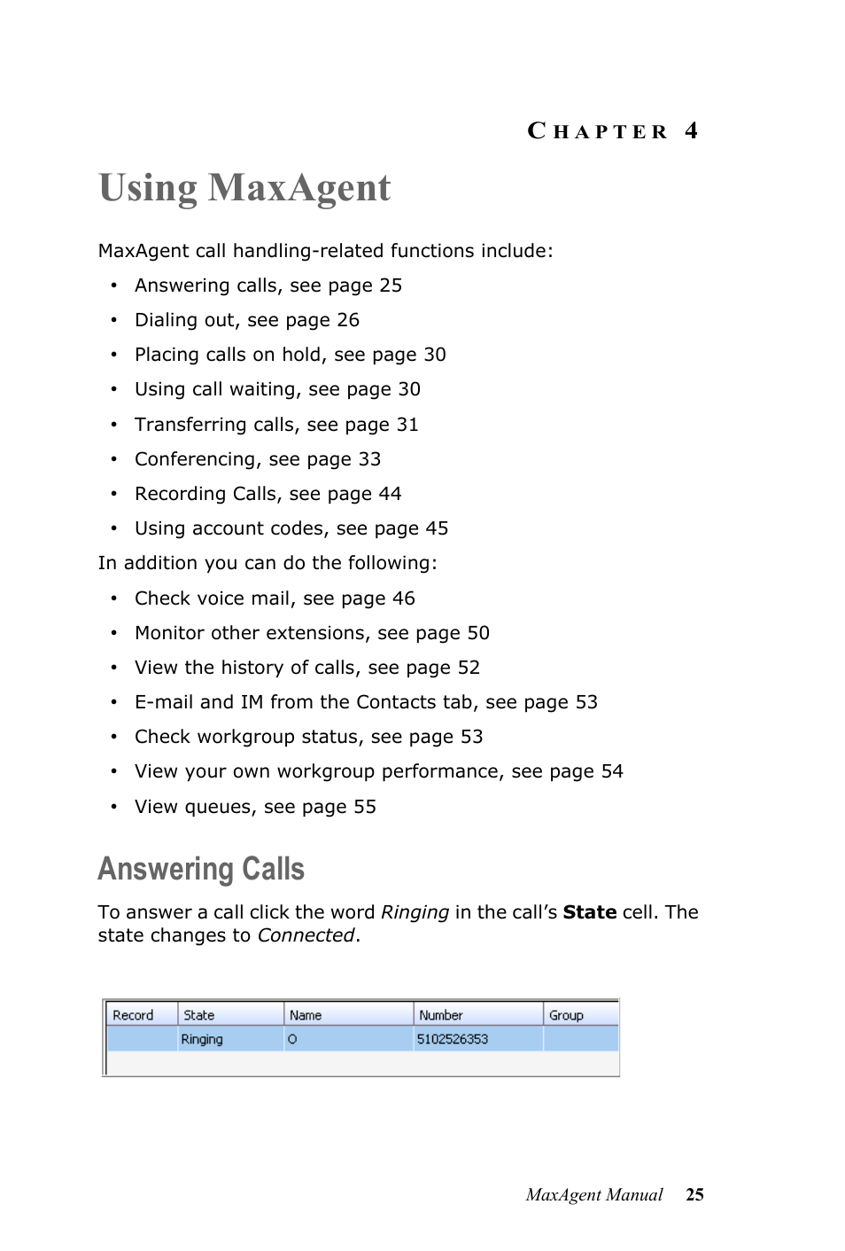 Using maxagent, Answering calls, Hapter | AltiGen MAXCS 7.5 MaxAgent User Manual | Page 31 / 95