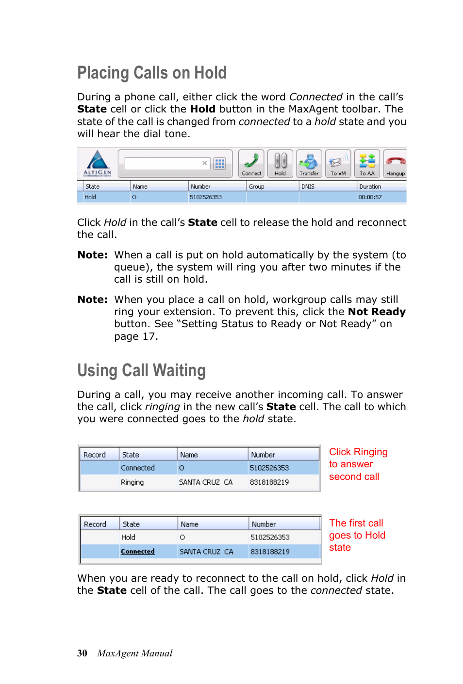 Placing calls on hold, Using call waiting, Placing calls on hold using call waiting | AltiGen MAXCS 7.5 MaxAgent User Manual | Page 36 / 95