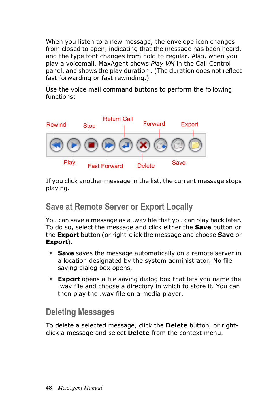 Save at remote server or export locally, Deleting messages | AltiGen MAXCS 7.5 MaxAgent User Manual | Page 54 / 95