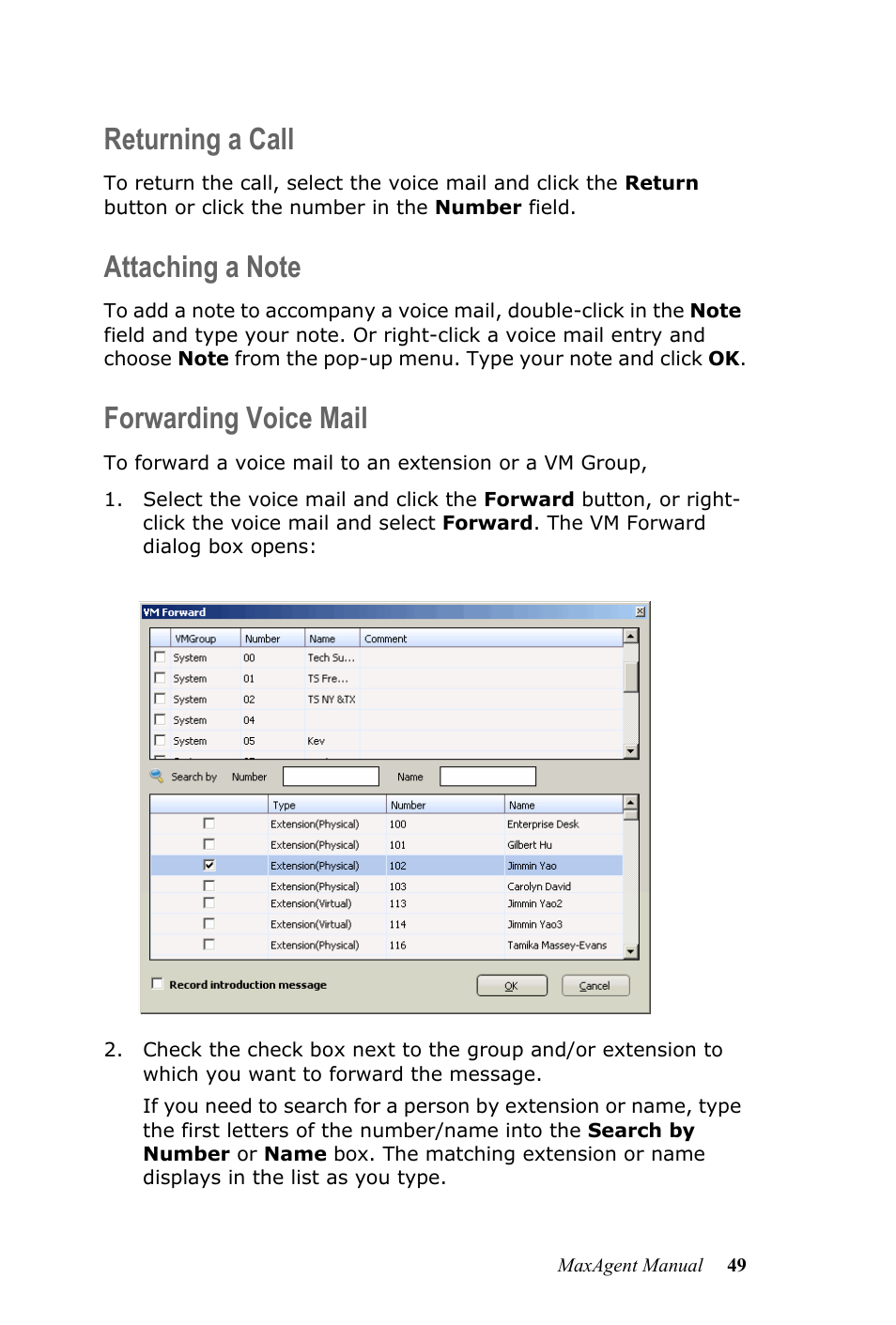 Returning a call, Attaching a note, Forwarding voice mail | AltiGen MAXCS 7.5 MaxAgent User Manual | Page 55 / 95