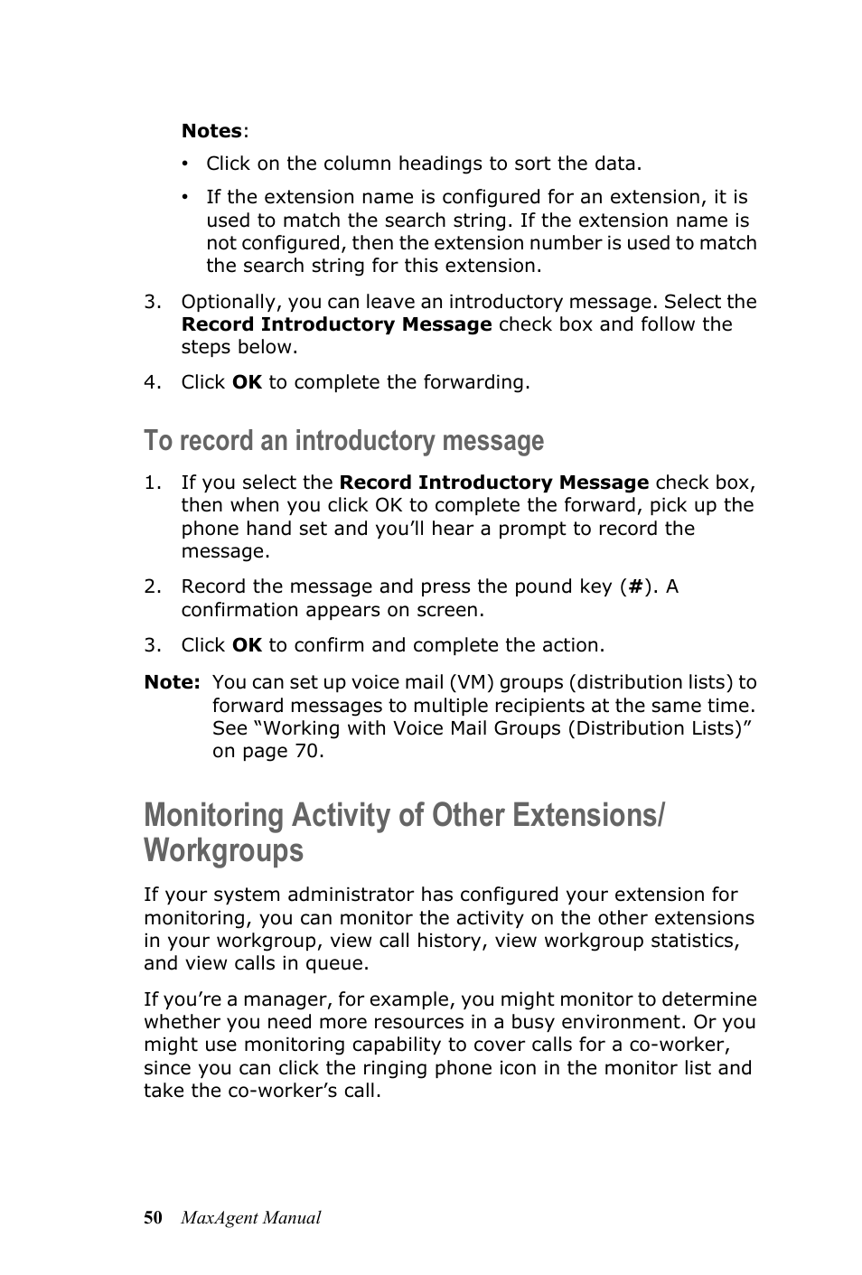 To record an introductory message, Monitoring activity of other extensions/workgroups | AltiGen MAXCS 7.5 MaxAgent User Manual | Page 56 / 95