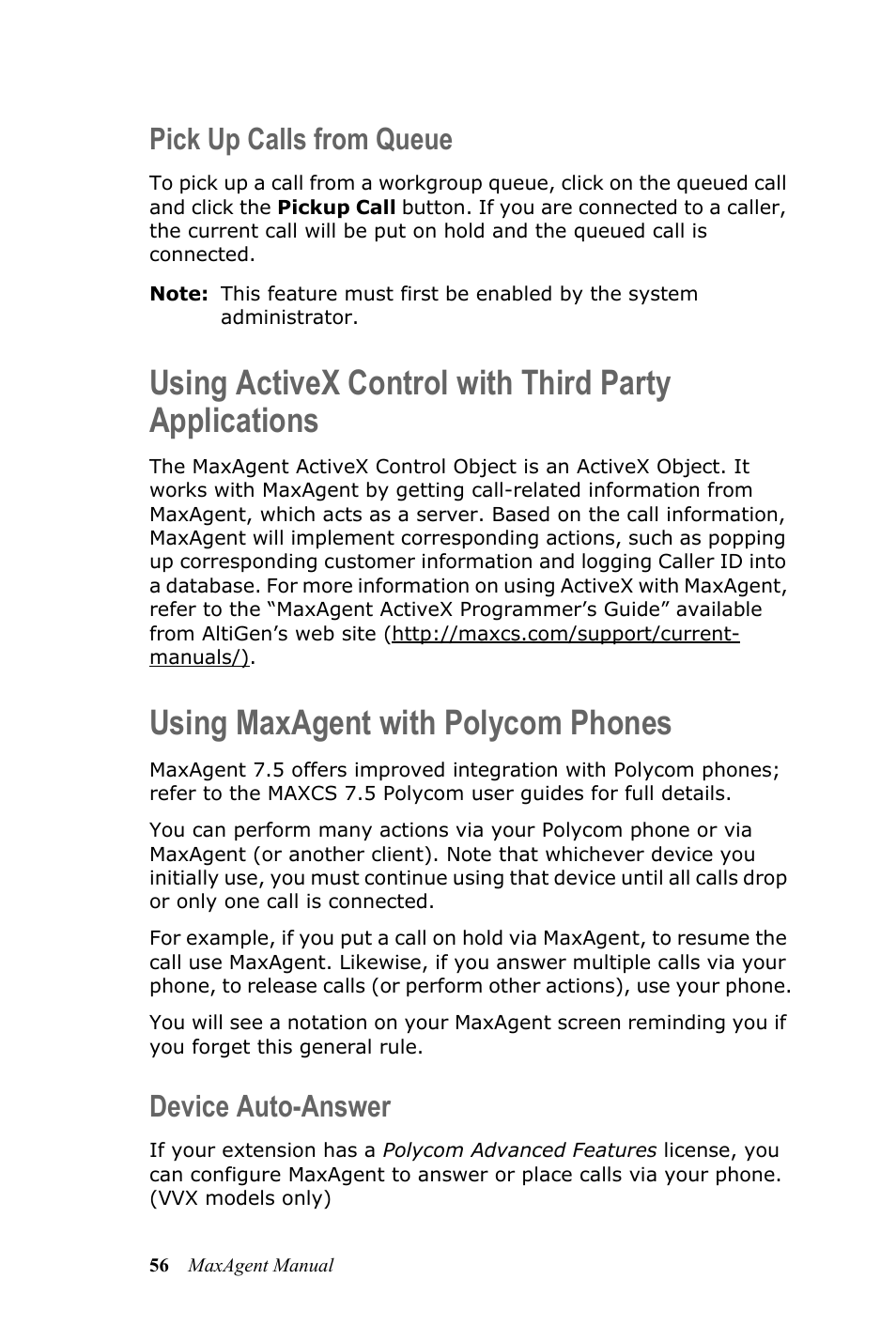 Pick up calls from queue, Using maxagent with polycom phones, Device auto-answer | AltiGen MAXCS 7.5 MaxAgent User Manual | Page 62 / 95