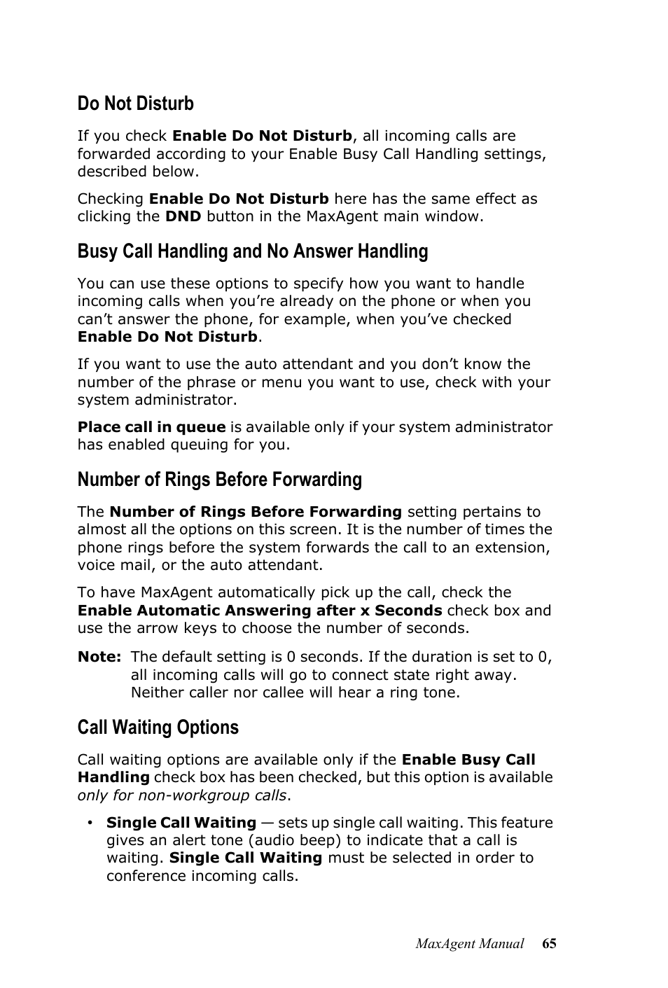 Do not disturb, Busy call handling and no answer handling, Number of rings before forwarding | Call waiting options | AltiGen MAXCS 7.5 MaxAgent User Manual | Page 71 / 95