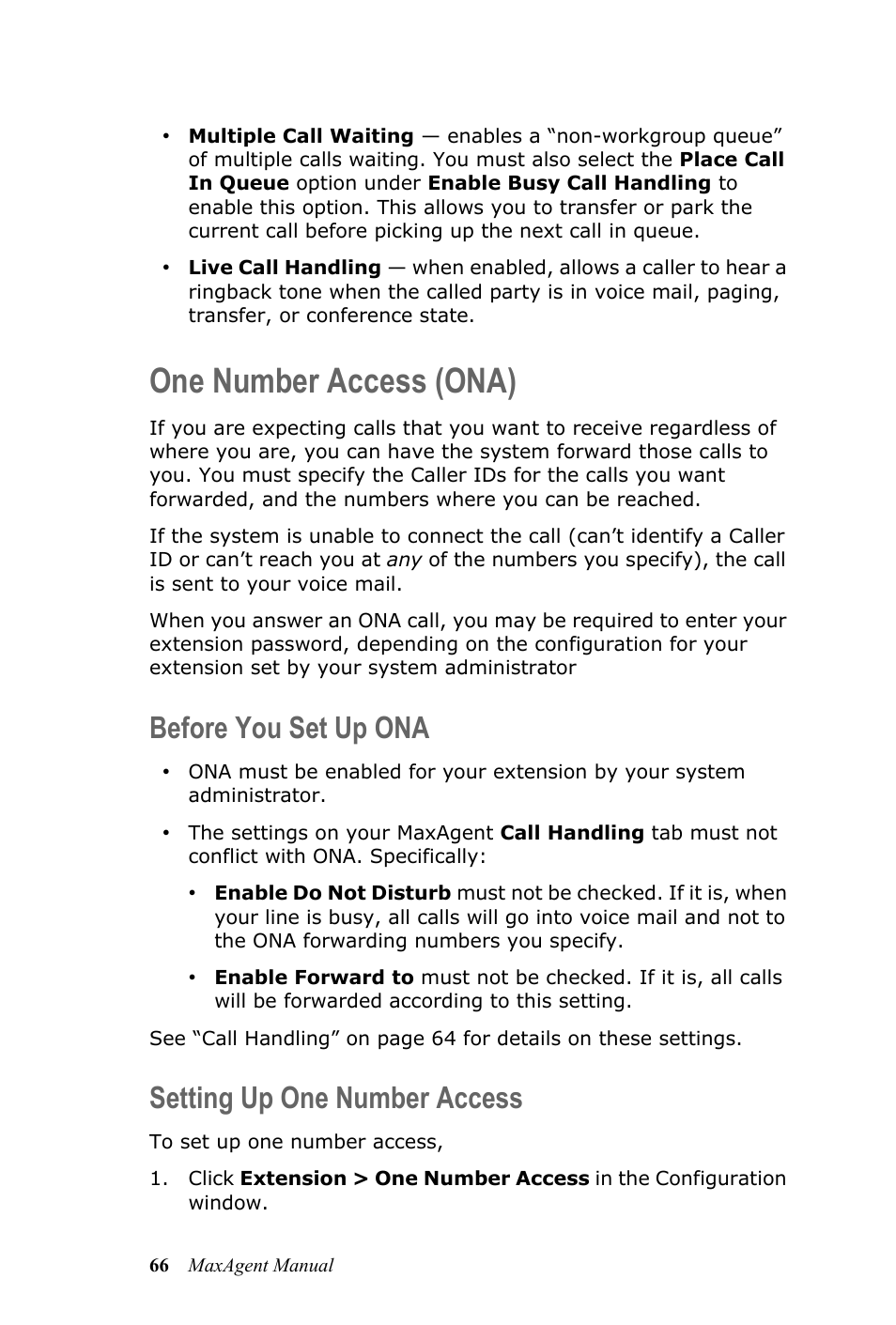 One number access (ona), Before you set up ona, Setting up one number access | Before you set up ona setting up one number access | AltiGen MAXCS 7.5 MaxAgent User Manual | Page 72 / 95