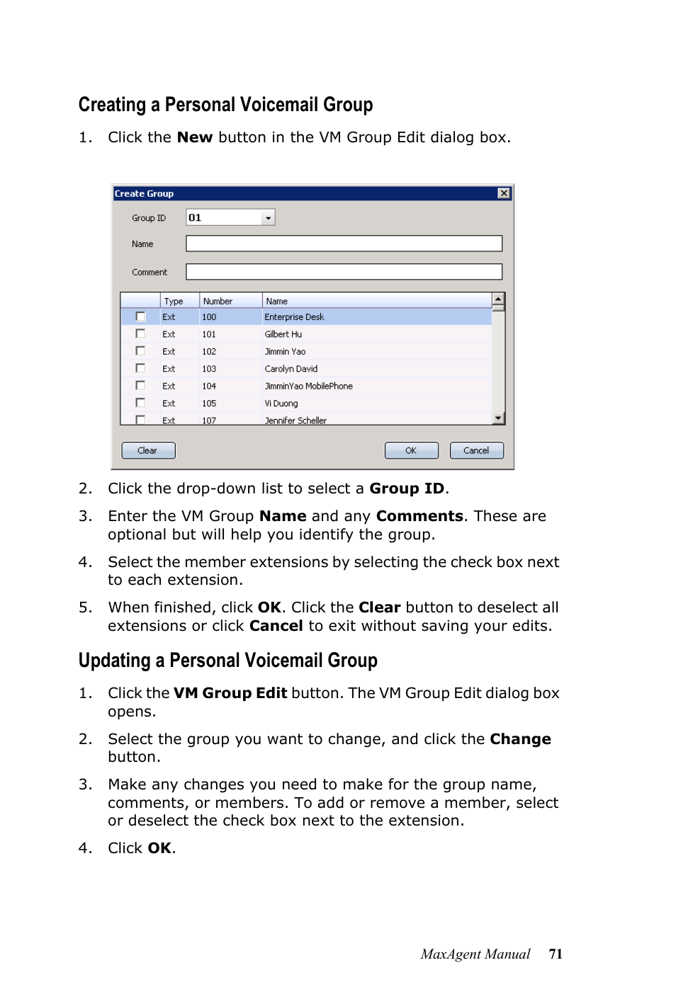 Creating a personal voicemail group, Updating a personal voicemail group | AltiGen MAXCS 7.5 MaxAgent User Manual | Page 77 / 95