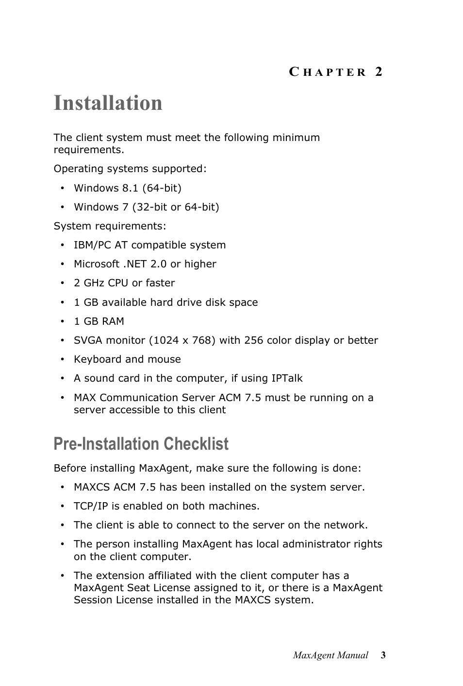 Installation, Pre-installation checklist, Hapter | AltiGen MAXCS 7.5 MaxAgent User Manual | Page 9 / 95