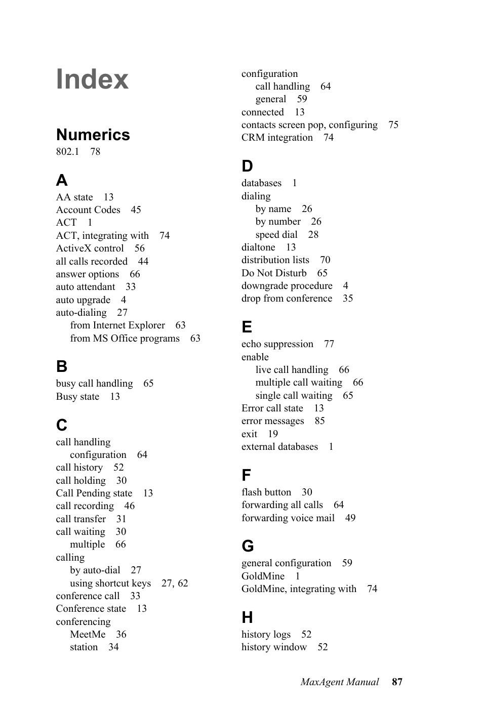 Index, Numerics | AltiGen MAXCS 7.5 MaxAgent User Manual | Page 93 / 95