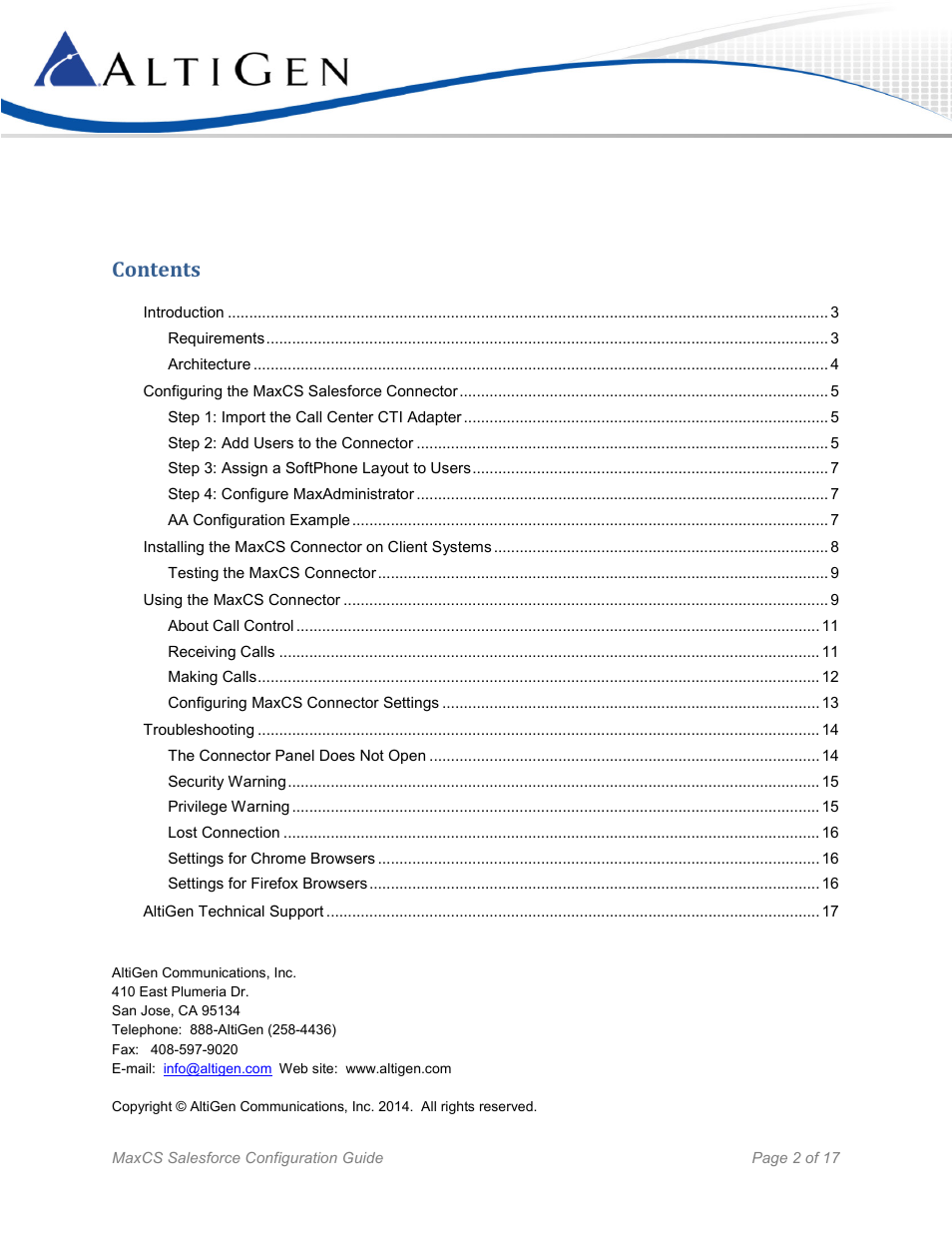 AltiGen MAXCS 7.5 Salesforce Connector Configuration Guide User Manual | Page 2 / 17