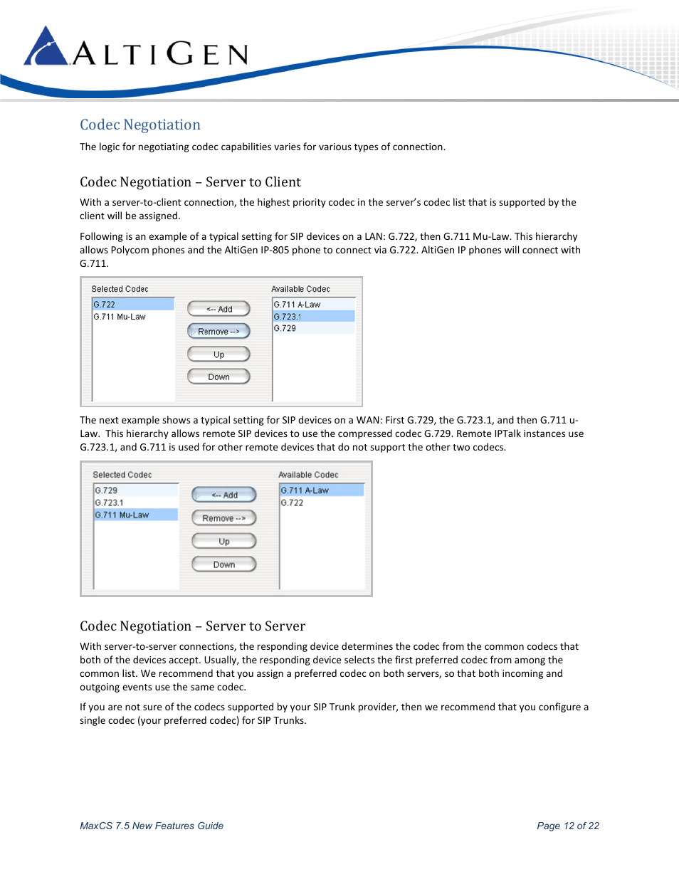 Codec negotiation, Codec negotiation – server to client, Codec negotiation – server to server | AltiGen MAXCS 7.5 New Features Guide User Manual | Page 12 / 22