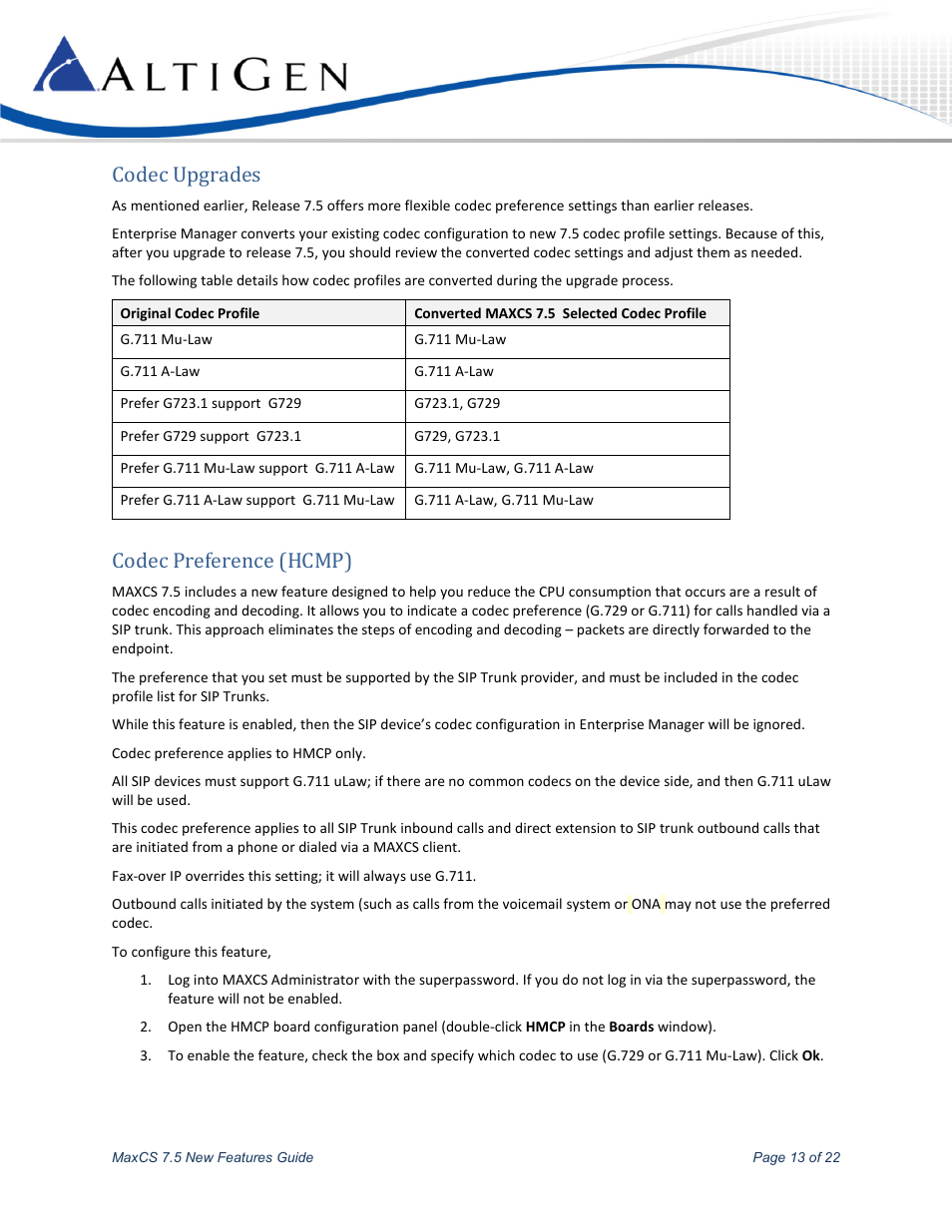 Codec upgrades, Codec preference (hcmp) | AltiGen MAXCS 7.5 New Features Guide User Manual | Page 13 / 22