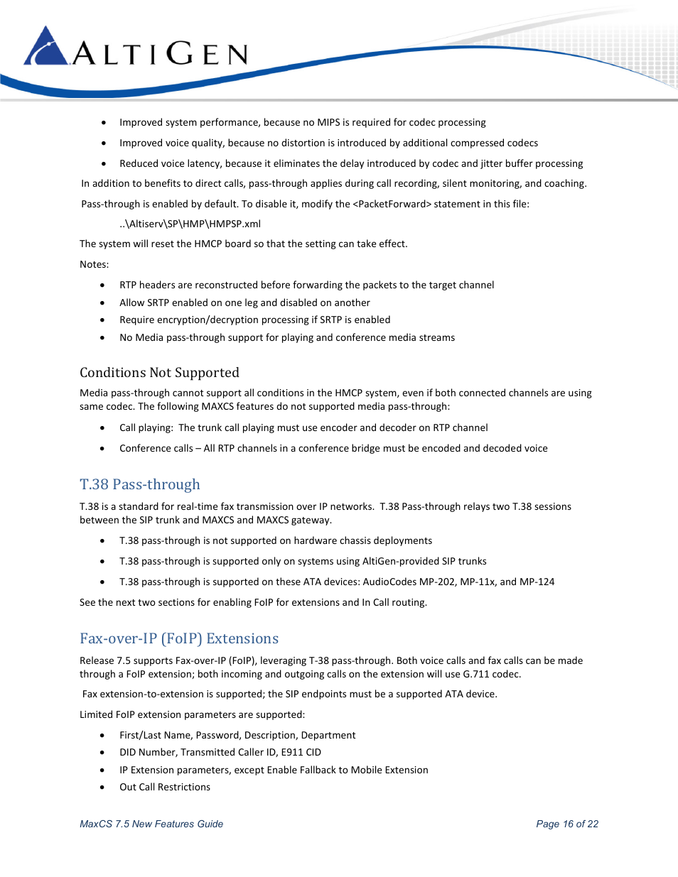 Conditions not supported, T.38 pass-through, Fax-over-ip (foip) extensions | AltiGen MAXCS 7.5 New Features Guide User Manual | Page 16 / 22
