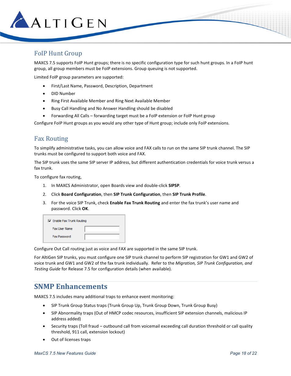 Foip hunt group, Fax routing, Snmp enhancements | AltiGen MAXCS 7.5 New Features Guide User Manual | Page 18 / 22