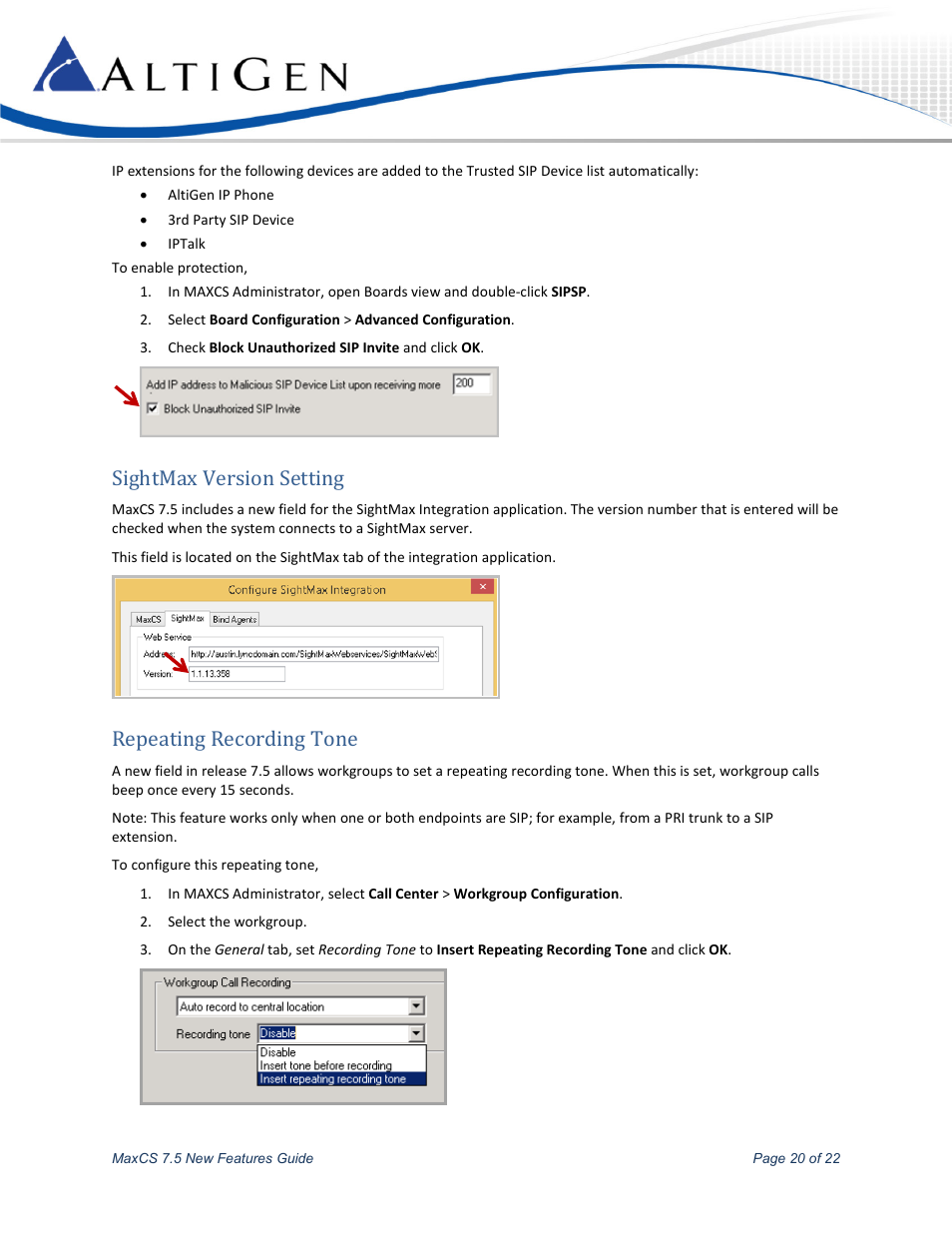 Sightmax version setting, Repeating recording tone | AltiGen MAXCS 7.5 New Features Guide User Manual | Page 20 / 22