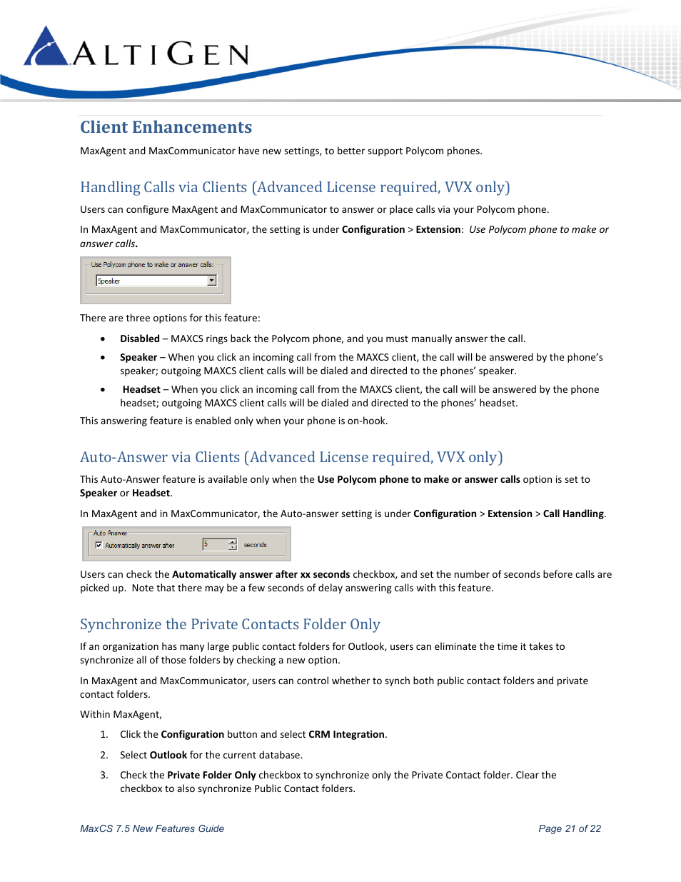 Client enhancements, Synchronize the private contacts folder only | AltiGen MAXCS 7.5 New Features Guide User Manual | Page 21 / 22