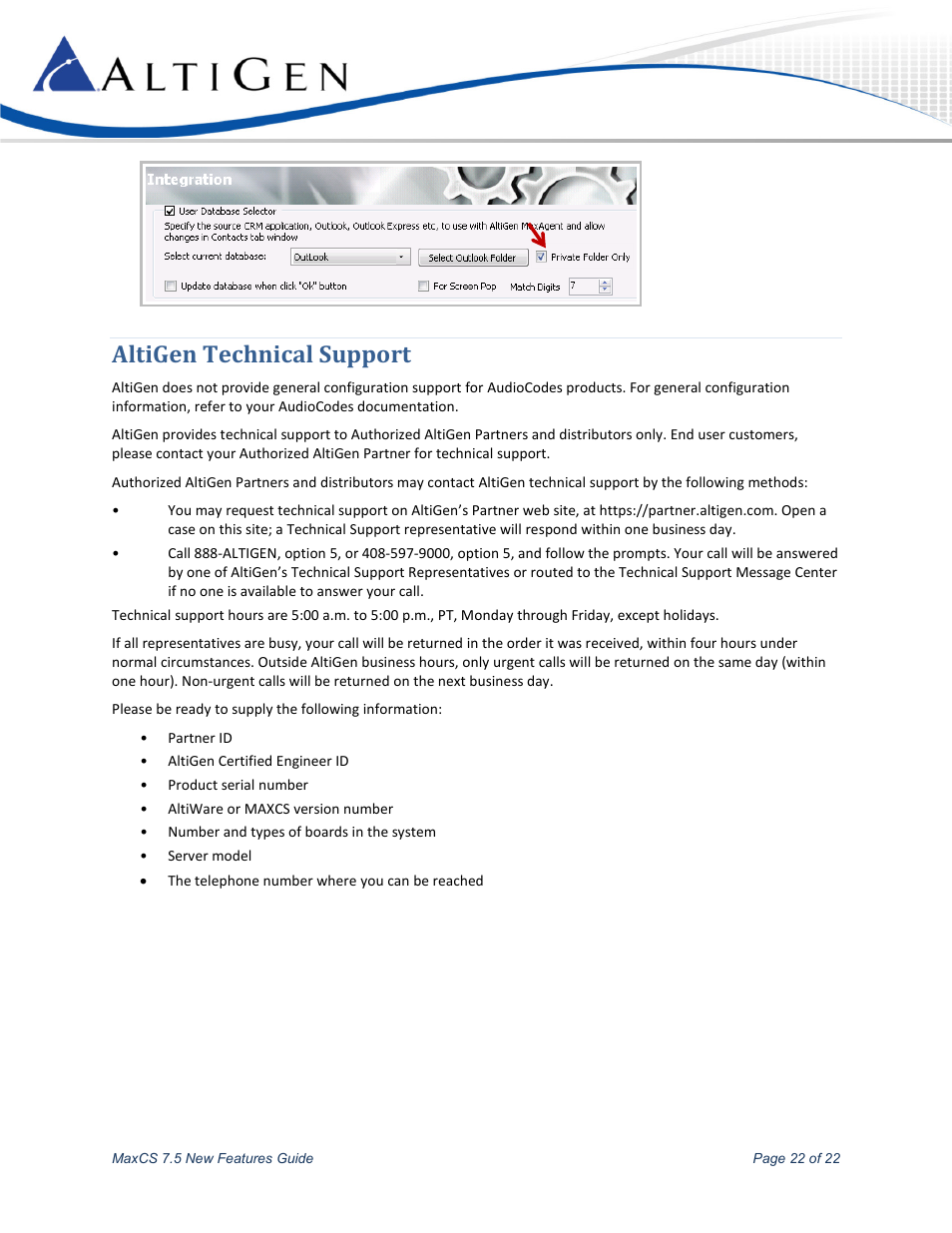 Altigen technical support | AltiGen MAXCS 7.5 New Features Guide User Manual | Page 22 / 22