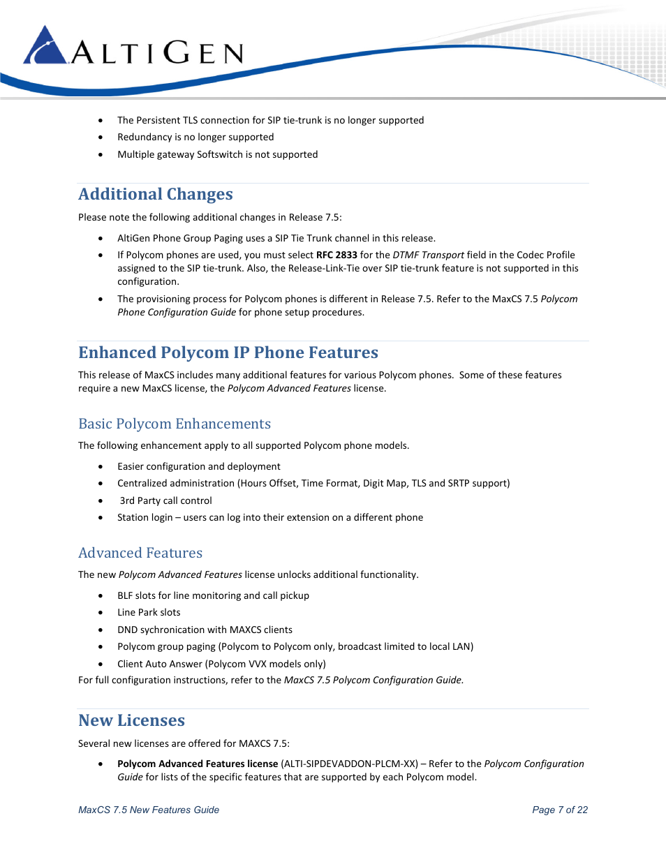 Additional changes, Enhanced polycom ip phone features, Basic polycom enhancements | Advanced features, New licenses | AltiGen MAXCS 7.5 New Features Guide User Manual | Page 7 / 22