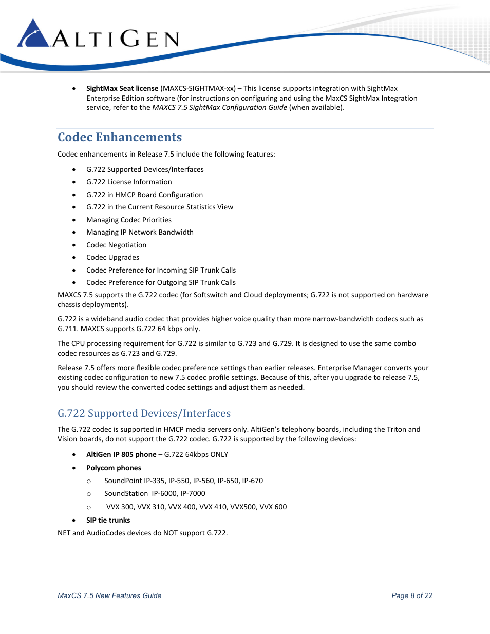 Codec enhancements, G.722 supported devices/interfaces | AltiGen MAXCS 7.5 New Features Guide User Manual | Page 8 / 22