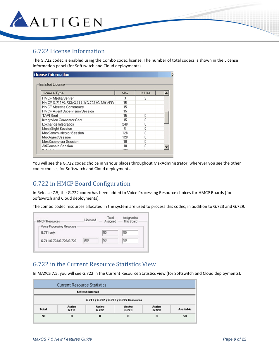 G.722 license information, G.722 in hmcp board configuration, G.722 in the current resource statistics view | AltiGen MAXCS 7.5 New Features Guide User Manual | Page 9 / 22
