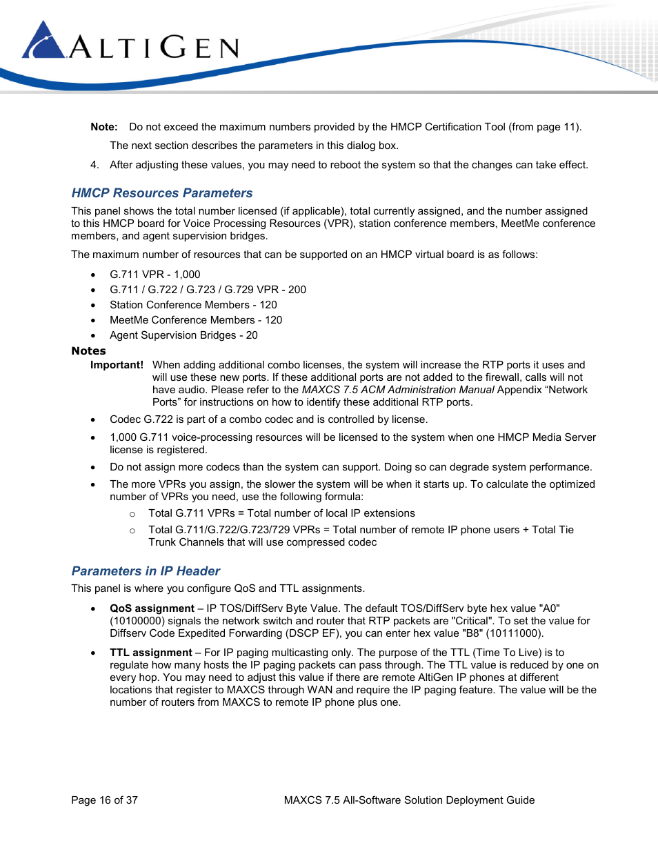 Hmcp resources parameters, Parameters in ip header | AltiGen MAXCS 7.5 Softswitch Deployment Guide User Manual | Page 16 / 37