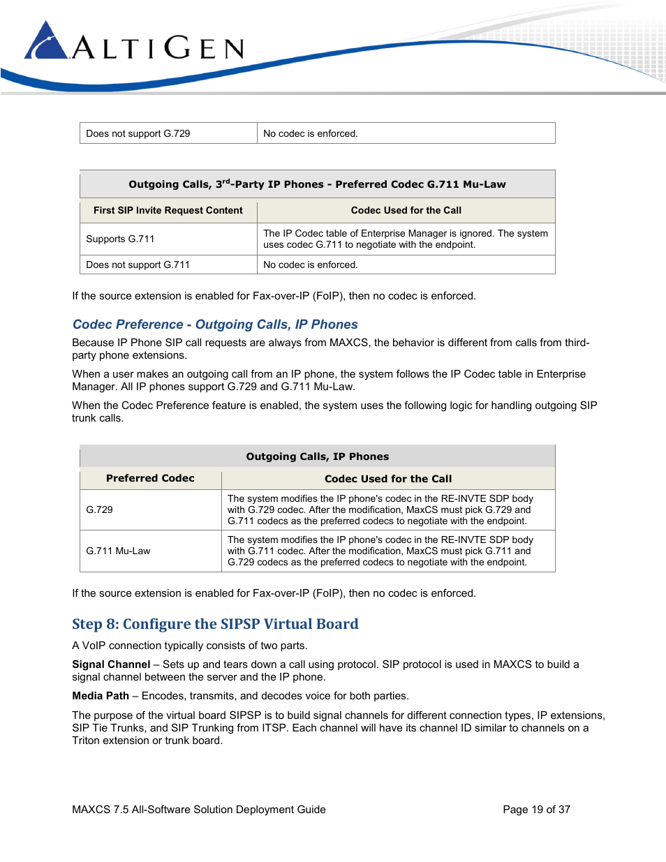 Codec preference - outgoing calls, ip phones, Step 8: configure the sipsp virtual board | AltiGen MAXCS 7.5 Softswitch Deployment Guide User Manual | Page 19 / 37