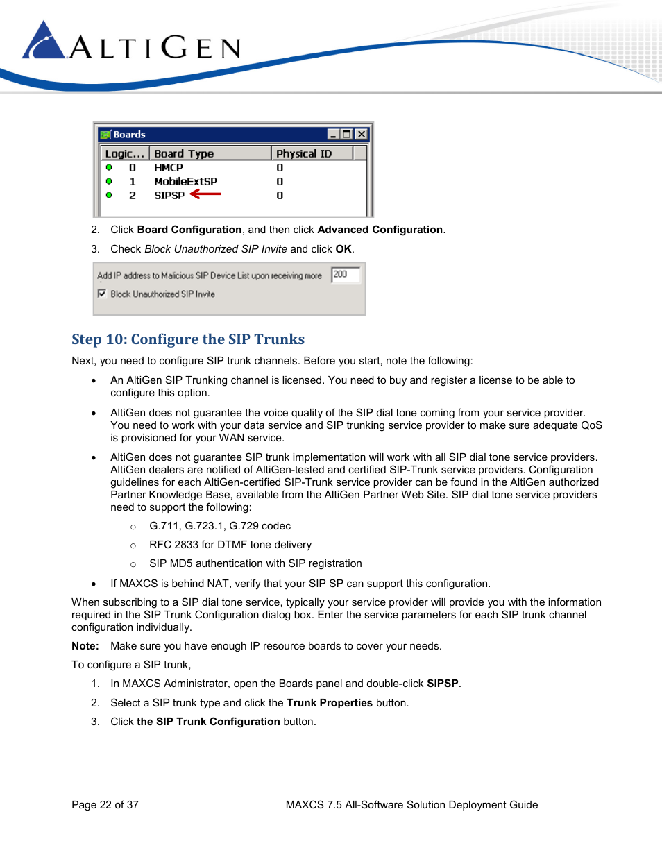 Step 10: configure the sip trunks | AltiGen MAXCS 7.5 Softswitch Deployment Guide User Manual | Page 22 / 37