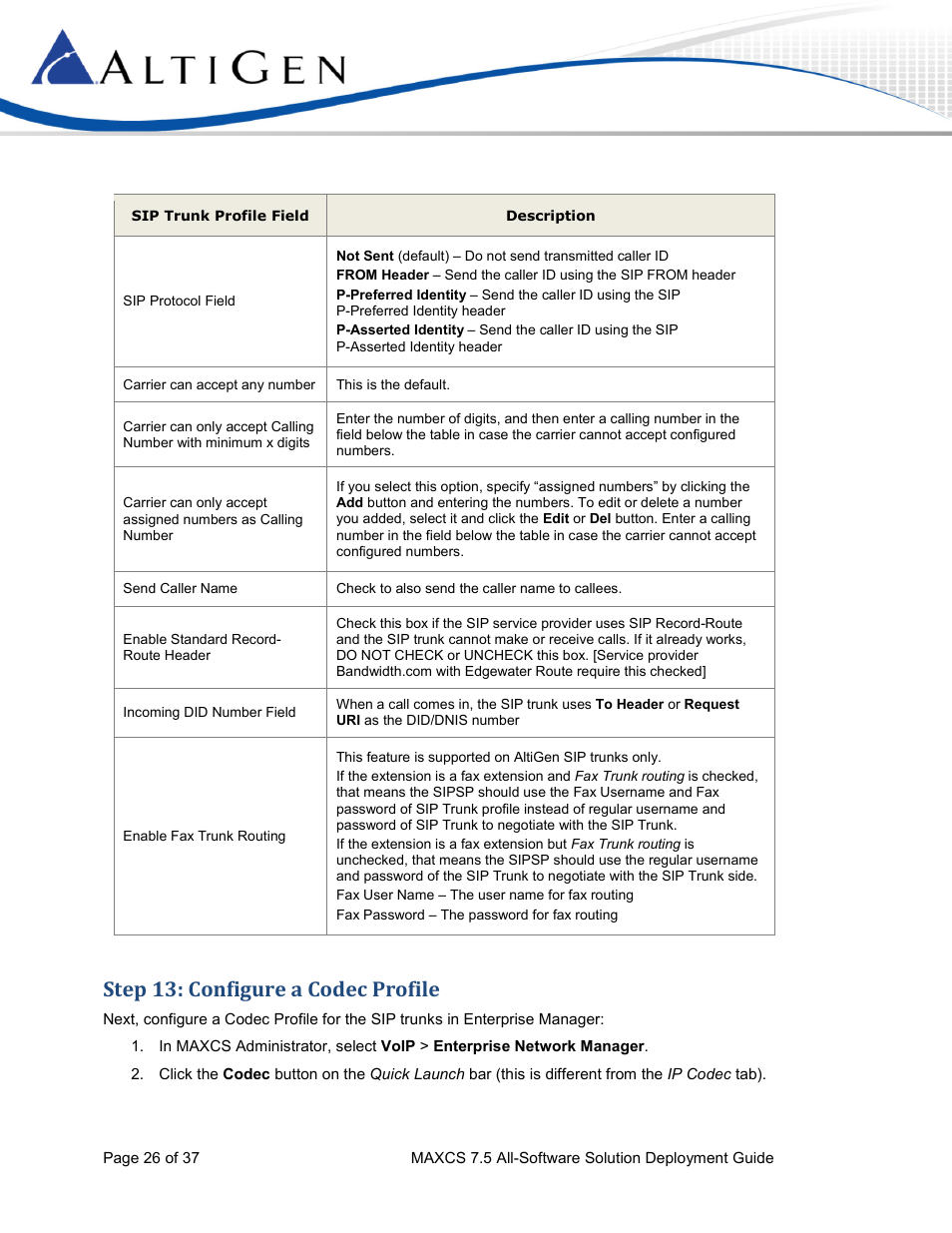 Step 13: configure a codec profile | AltiGen MAXCS 7.5 Softswitch Deployment Guide User Manual | Page 26 / 37