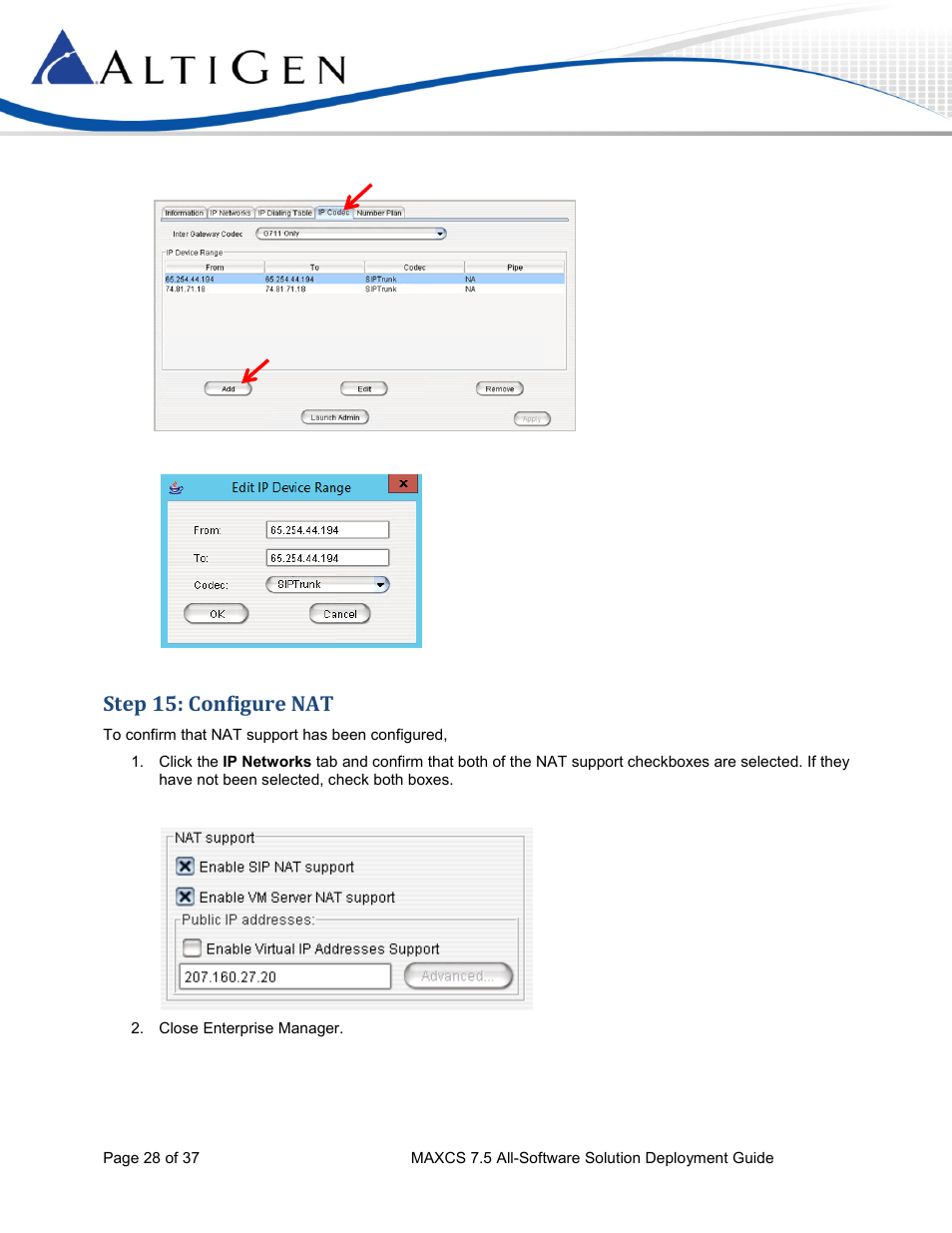 Step 15: configure nat | AltiGen MAXCS 7.5 Softswitch Deployment Guide User Manual | Page 28 / 37