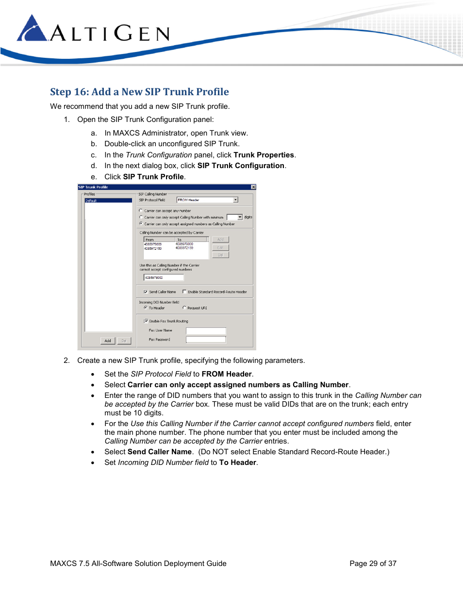 Step 16: add a new sip trunk profile | AltiGen MAXCS 7.5 Softswitch Deployment Guide User Manual | Page 29 / 37