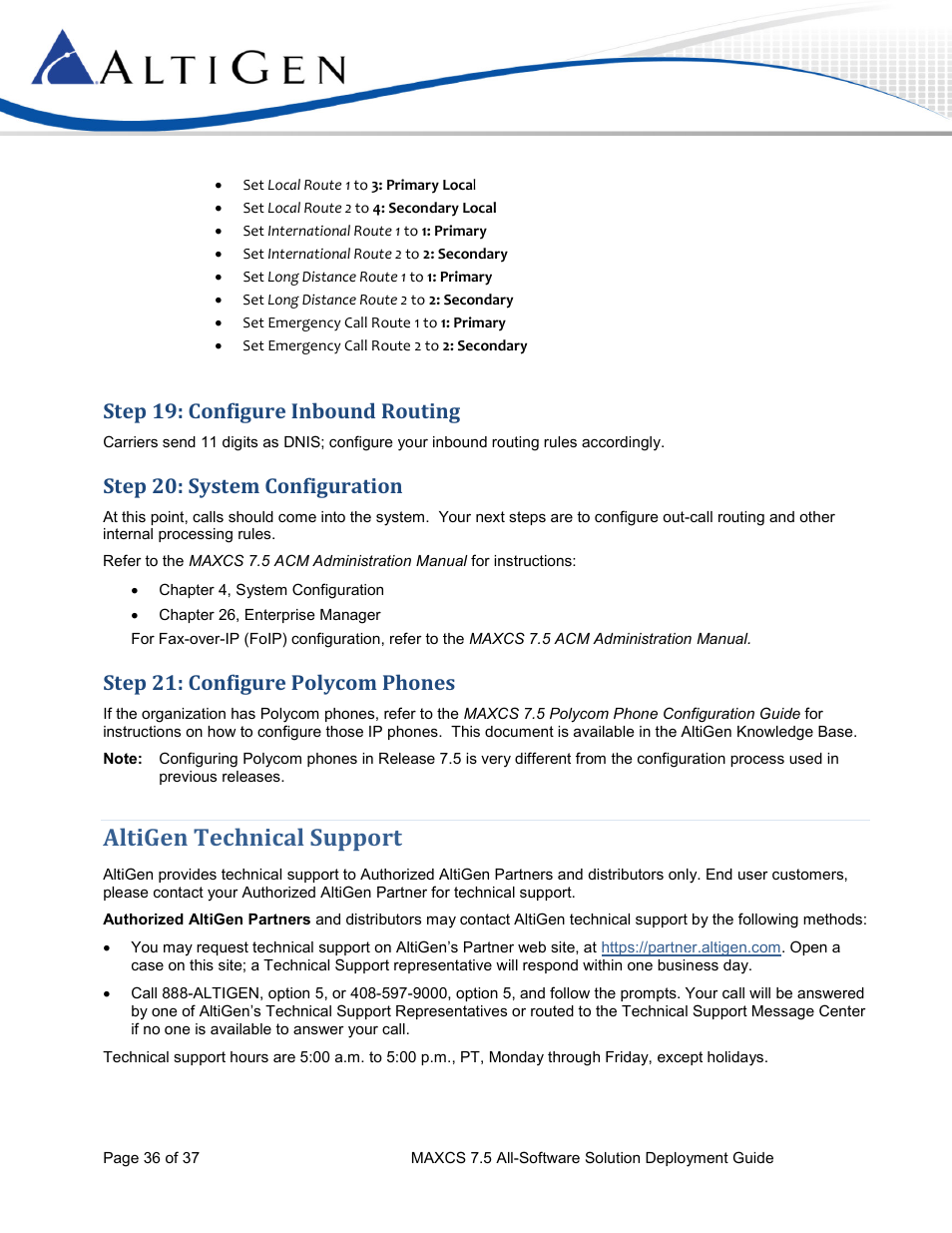 Step 19: configure inbound routing, Step 20: system configuration, Step 21: configure polycom phones | Altigen technical support | AltiGen MAXCS 7.5 Softswitch Deployment Guide User Manual | Page 36 / 37