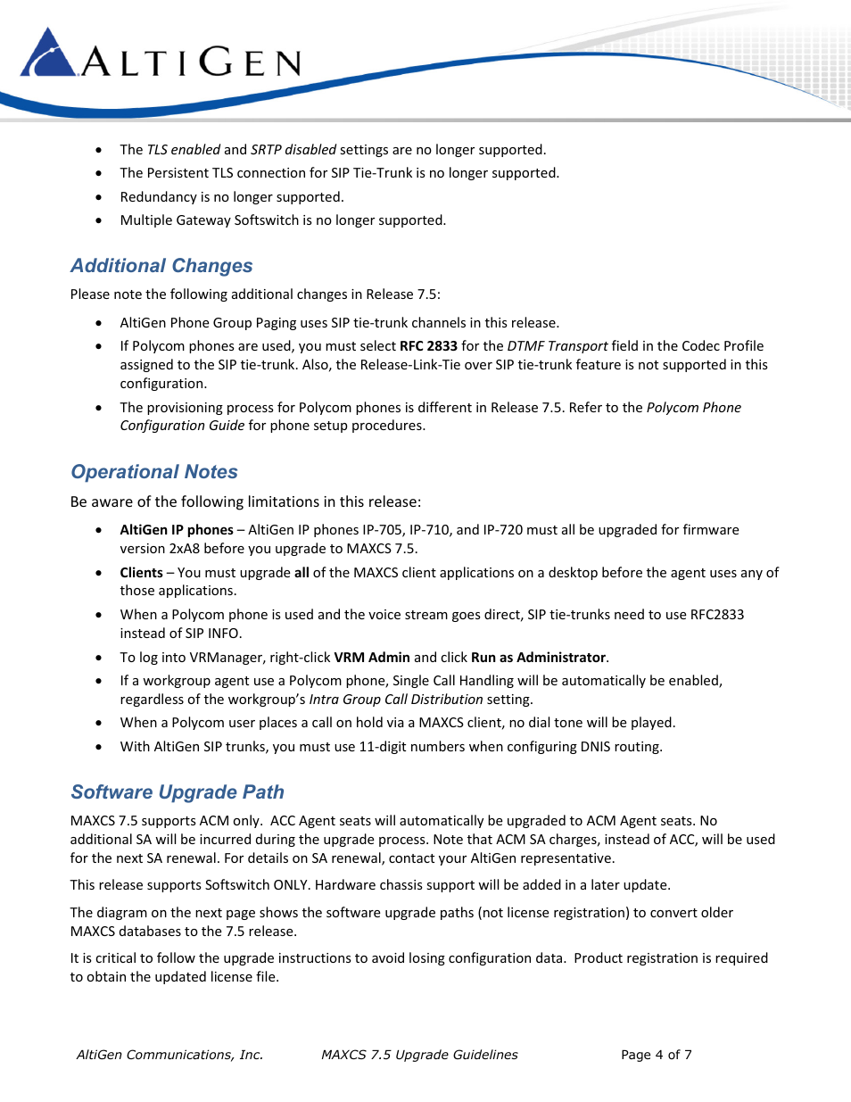 Additional changes, Operational notes, Software upgrade path | AltiGen MAXCS 7.5 Upgrade Guidelines User Manual | Page 4 / 7